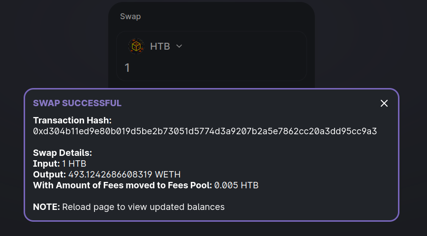 Finalizing the HTB/WETH swap
