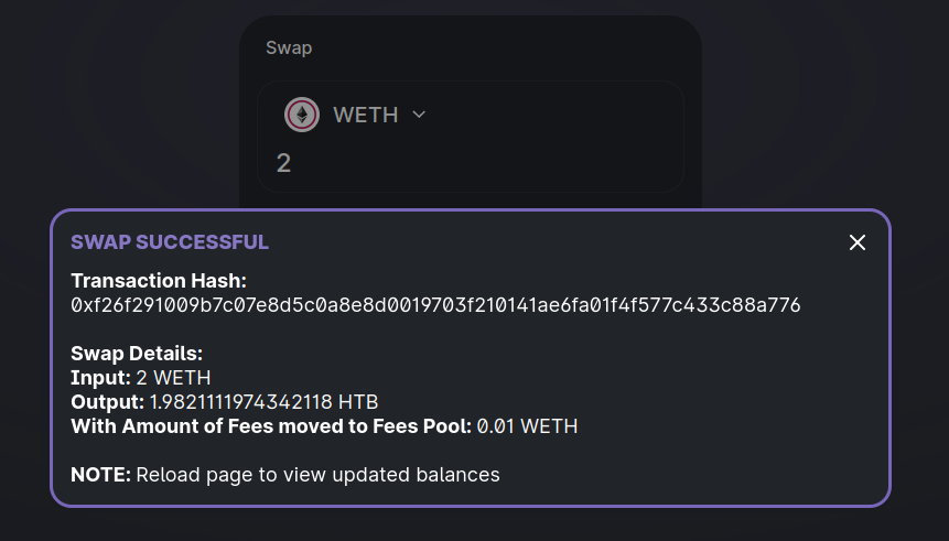 Finalizing the WETH/HTB swap