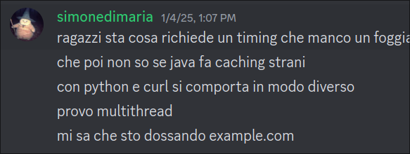 "idk if java is doing some weird caching, python and curl behave differently. Trying multithread. I think i’m dossing example.org 💀"